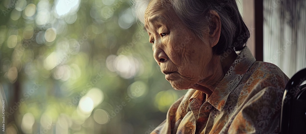 sad and depressed asian old woman sitting alone in wheel chair with head down in nursing home. Creative Banner. Copyspace image
