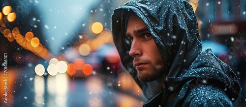 Portrait of a young wet man in a jacket with a hood in the rain on blurred background city street in tsunami close up Bad weather pessimism concept cold autumn unhappy irony people in raincoat