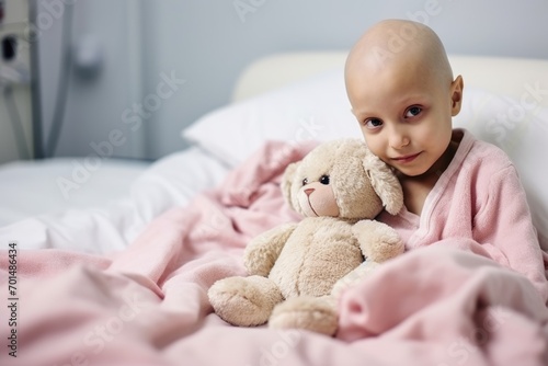 Little girls without hair with cancer in hospital bed