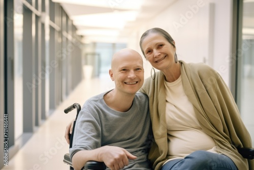 Man with cancer with his mother in hospital on wheelchair photo