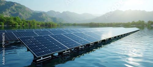 The Floating of Solar panel designed to absorb the sun s rays as a source of energy in aquaculture pond on farmr. Creative Banner. Copyspace image