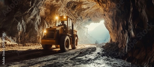 Mining drilling machine in tunnel of sylvinite salt quarry. Creative Banner. Copyspace image photo