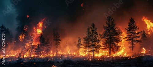 The huge wildfire burning forest trees in the meadow at night. Creative Banner. Copyspace image