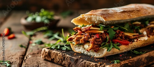 Mexican Torta Sandwich made with common bread in Mexico it can be telera bolillo or bagette split in half and filled with various ingredients in this case spicy pork leg with Oaxaca cheese photo