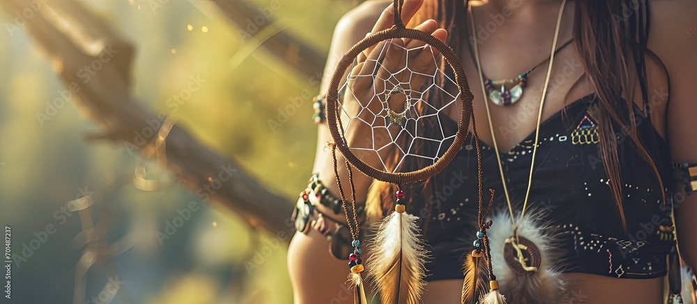 Pretty girl holding dream catcher in her hand. Creative Banner. Copyspace image - obrazy, fototapety, plakaty 