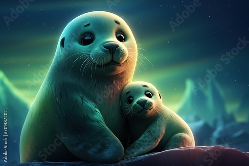 3d cartoon of cute mother seal and baby seal hugging and looking at the aurora © Маргарита Вайс