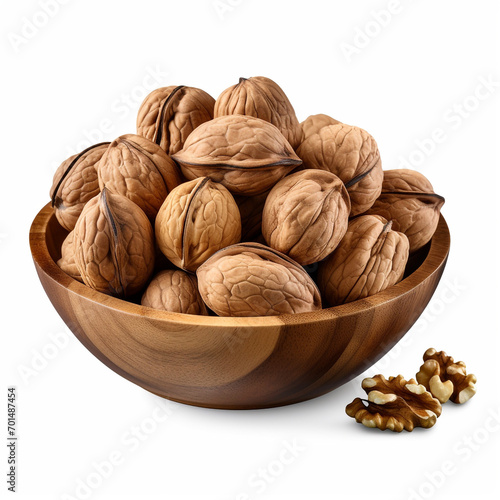 walnuts in a wooden bowl with transparent background created with Generative Ai