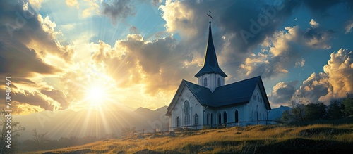 The church in Christian doctrine is the entire Christian religious community or body of Christian believers. Creative Banner. Copyspace image photo