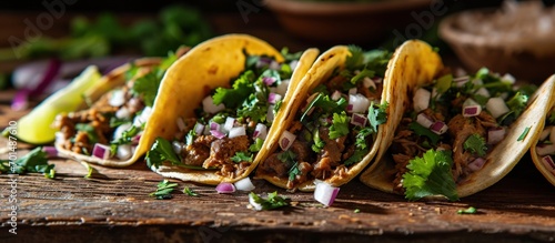 Real Mexican Tacos al Pastor shepherd s tacos with cilantro and onion. Creative Banner. Copyspace image photo