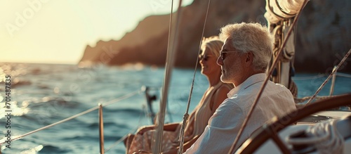 Romantic vacation and luxury travel Senior loving couple sitting on the yacht deck Sailing the sea. Creative Banner. Copyspace image photo