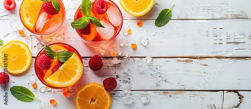 Summer refreshing drink and ingredients copy space top view. Creative Banner. Copyspace image