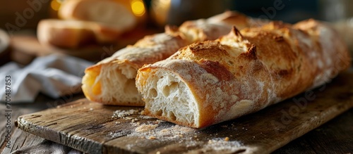 Stack of a ciabatta bread or bun on a wooden board Freshly baked traditional bread Shallow depth of field. Creative Banner. Copyspace image