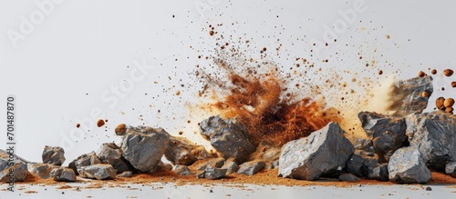 Split debris of stone exploding with brown powder against white background. Creative Banner. Copyspace image