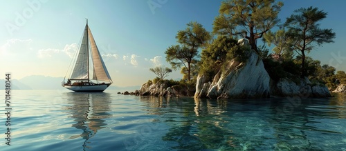Sailing vessel moves in a sea under power towards the island. Creative Banner. Copyspace image