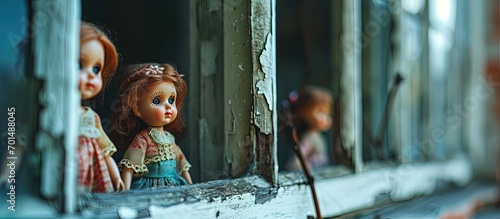 Many dolls were hung on the windows after washing to clean. Creative Banner. Copyspace image © HN Works