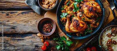 The national Saudi Arabian dish chicken kabsa with roasted chicken quarter and almonds. Creative Banner. Copyspace image photo