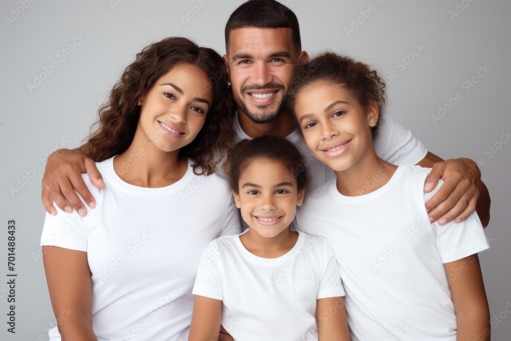 happy young hispanic family in white t-shirts holding hands mockup isolated on white happy young hispanic family in white t-shirts holding hands mockup isolated on white