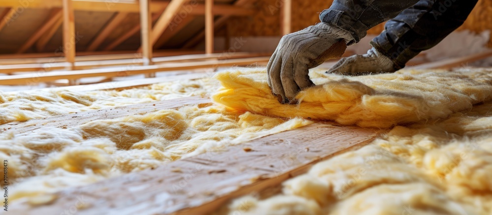 Man installing thermal insulation layer under the roof using mineral glass wool. Creative Banner. Copyspace image
