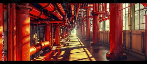 Red fire extinguishing pipes installed around the building. Creative Banner. Copyspace image photo