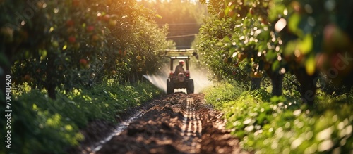 Spraying apple orchard to protect against disease and insects Apple fruit tree spraying with a tractor and agricultural machinery in summer. Creative Banner. Copyspace image photo