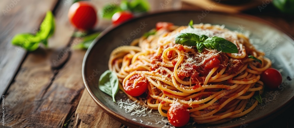 spaghetti with amatriciana sauce in the dish on the wooden table. Creative Banner. Copyspace image - obrazy, fototapety, plakaty 