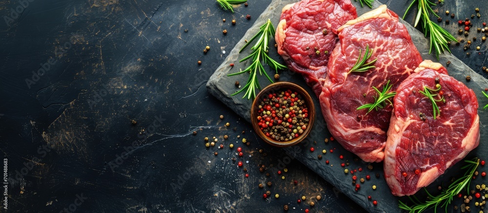 Ribeye fresh raw beef steak with spices on stone board Top view flat lay with copy space. Creative Banner. Copyspace image