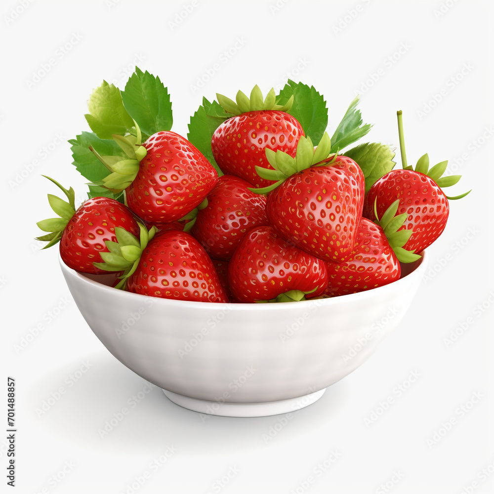 white bowl of strawberries with a green leaf on transparent background created with Generative Ai white bowl of strawberries with a green leaf on transparent background created with Generative Ai