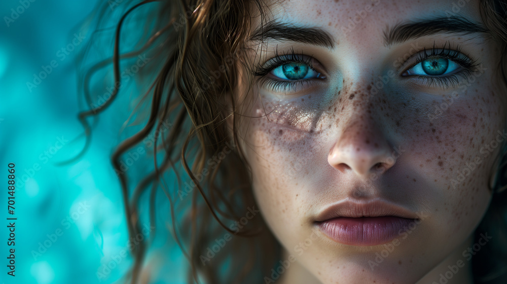 Close up portrait of a beautiful girl with freckles in a cyan background Close up portrait of a beautiful girl with freckles in a cyan background