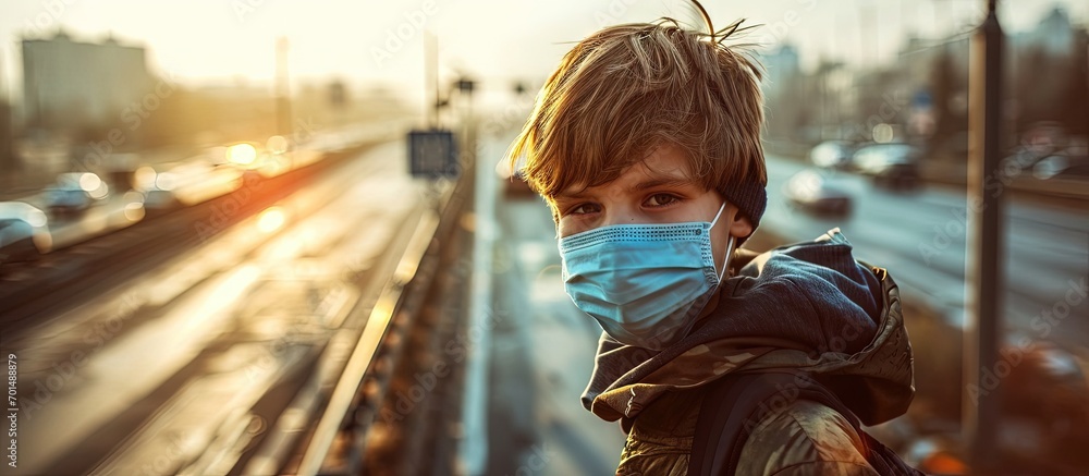 preteen boy in protection mask on the highway city background. Creative Banner. Copyspace image preteen boy in protection mask on the highway city background. Creative Banner. Copyspace image