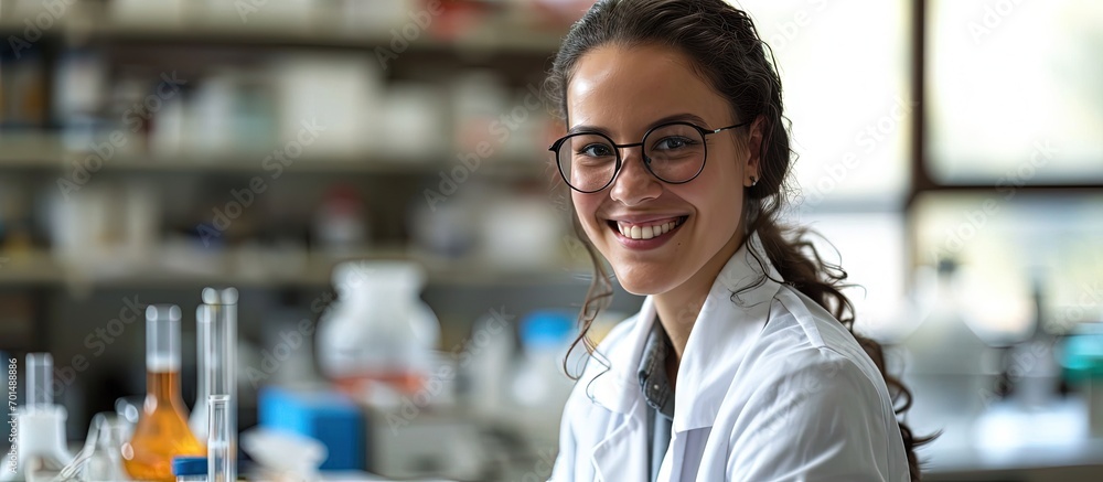 Fototapeta premium My working day Beautiful cheerful dark haired researcher smiling and wearing a uniform while working on her laptop in the lab. Creative Banner. Copyspace image