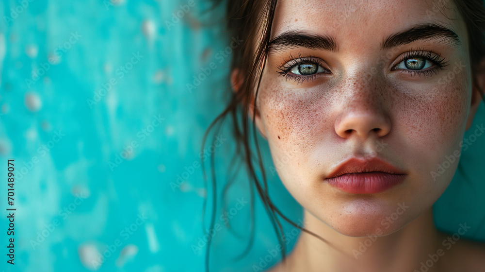 Close up portrait of a beautiful girl with freckles in a cyan background