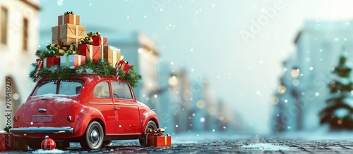 red luxury car with trunk full of gift boxes presents for holiday car presents holidays happiness street outdoor. Creative Banner. Copyspace image © HN Works
