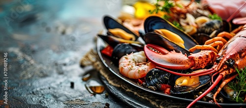 Seafood platter for 2 4 persons Lobster octopus blue mussels Argentina king prawns tuna tartare Delicious healthy traditional food closeup served for lunch in modern gourmet cuisine restaurant