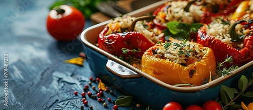 Stuffed peppers halves of peppers stuffed with rice dried tomatoes herbs and cheese in a baking dish on a blue wooden table top view Turkish name biber dolmasi. Creative Banner. Copyspace image photo
