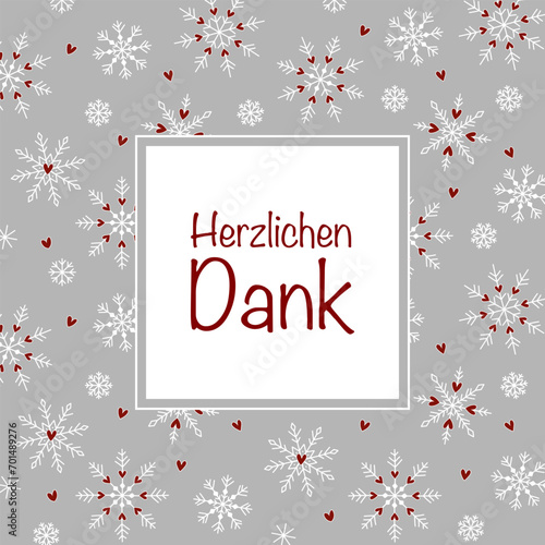 Herzlichen Dank - Schriftzug in deutscher Sprache. Quadratische Dankeskarte mit einem Rahmen aus Schneekristallen und Herzen.