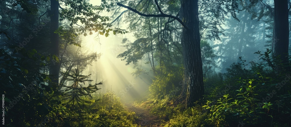Fototapeta premium The most beautiful forest with mystical and mysterious views and atmospheric sunrises in the early misty mornings. Creative Banner. Copyspace image