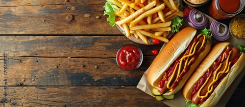Traditional hot dogs french fries drink and sauces Restaurant menu. Creative Banner. Copyspace image photo