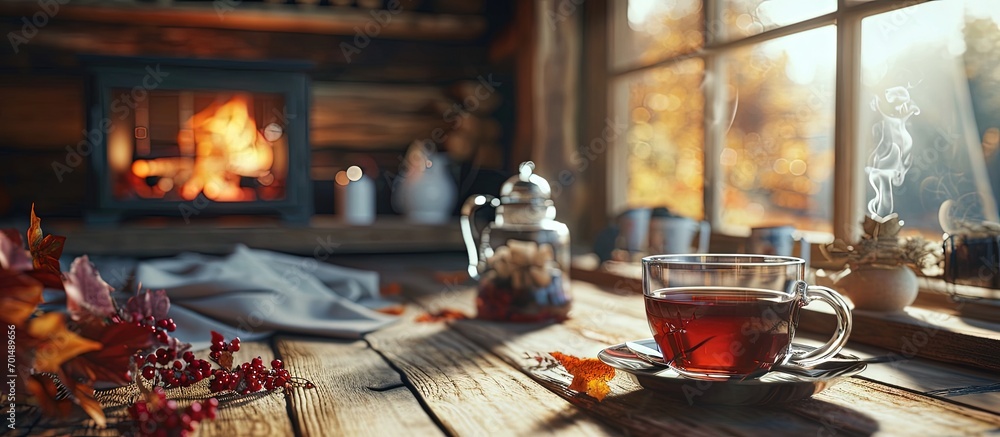 Mug of tea near a cozy fireplace in a country house winter or autumn holidays. Creative Banner. Copyspace image