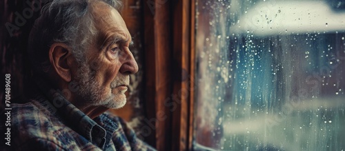 Sad and depressed old man sitting on armchair in living room feeling hurt and lonely Frustrated senior sitting on sofa at nursing home with head leaning on his hand while looking through the wi