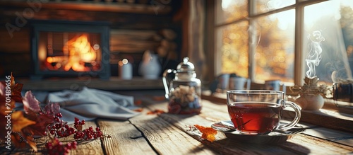 Mug of tea near a cozy fireplace in a country house winter or autumn holidays. Creative Banner. Copyspace image