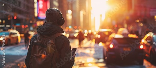 Side view of man in shirt and wireless headphones with bag holding phone in hand walking on the backend of cars and buildings. Creative Banner. Copyspace image