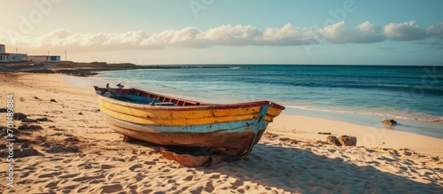 Traditional fisher boat in Santa Maria in Sal Island in Cape Verde Cabo Verde. Creative Banner. Copyspace image photo
