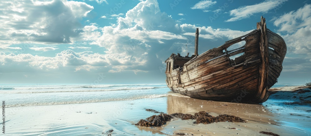 Relic old wooden shipwreck hull uncovered on beach. Creative Banner. Copyspace image - obrazy, fototapety, plakaty 