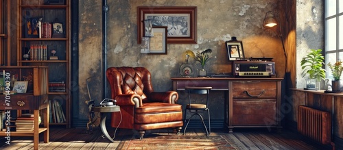 Real photo of vintage living room with orange retro armchair desk with chair shelf full of books and accessories and table with old gramophone. Creative Banner. Copyspace image