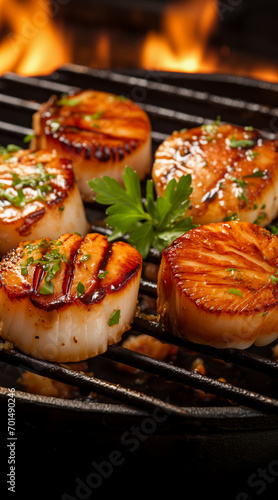 Grilled scallops sizzling on the grill rack. Vertical, close-up, side view.