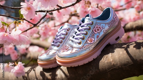 Capturing the intricate pattern on Spring Step shoes against the backdrop of a blossoming cherry blossom tree.