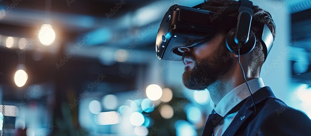 Retention businessman working with virtual reality at office. Creative Banner. Copyspace image Retention businessman working with virtual reality at office. Creative Banner. Copyspace image