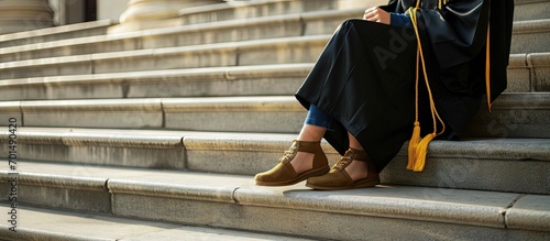 PhD doctoral graduate in regalia gown holding Tudor bonnet cap sitting on university steps with sneaker canvas shoes showing Red and blue grad gown gold tassel showing. Creative Banner