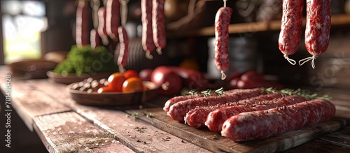 Traditional homemade saucissons and spanish chorizos hanging to dry in the curing room. Creative Banner. Copyspace image photo