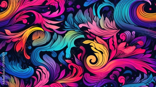  a colorful background with swirls and swirls of different colors on a black background with a blue sky in the background.